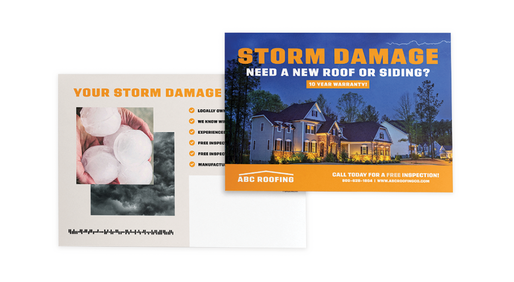 Two sides of a postcard from ABC Roofing about Storm Damage